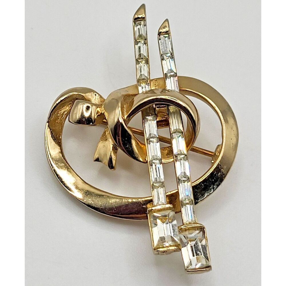 Vtg 1950 Signed CORO Patent#158,679 Gold tone Baguette Rhinestones Pin Brooch